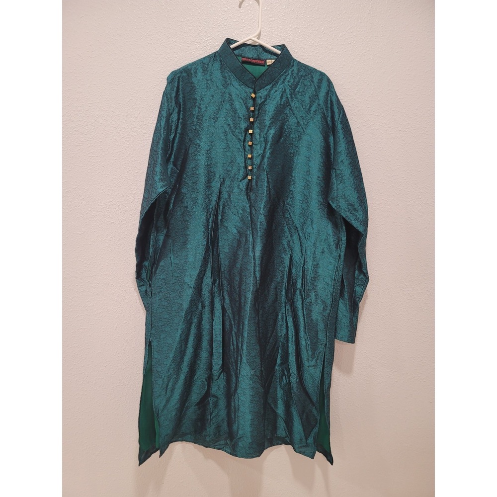 Dark Emerald Green dress embroidered with gold buttons 47in long long sleeves.